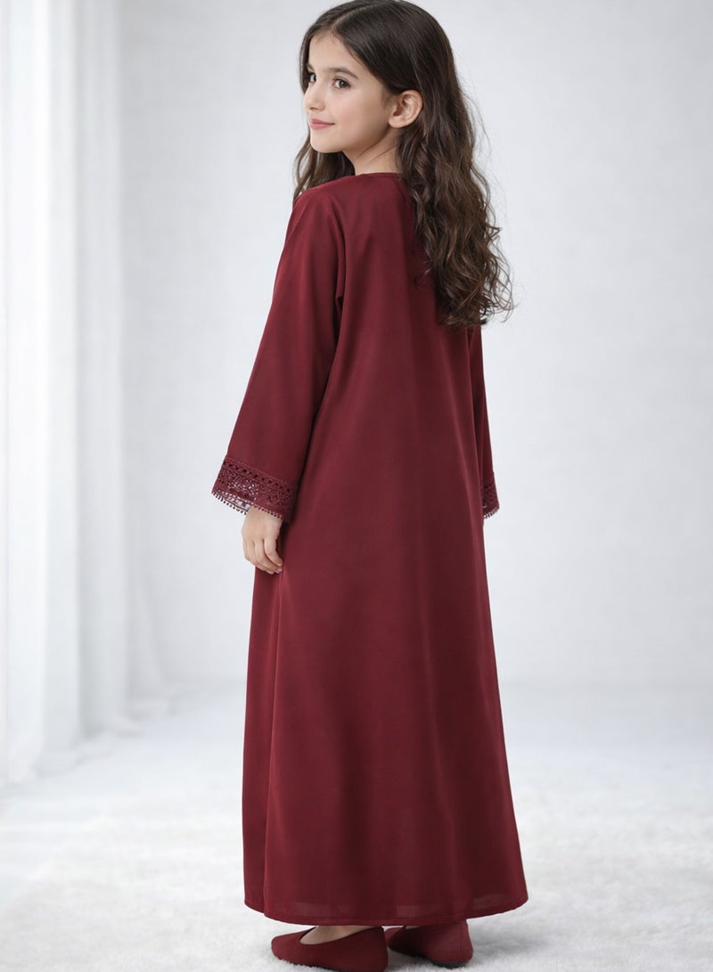 MSquare Fashion Burgundy Kids Abaya Set-Nida Fabric with Inner Dress & Headscarf - Image 4